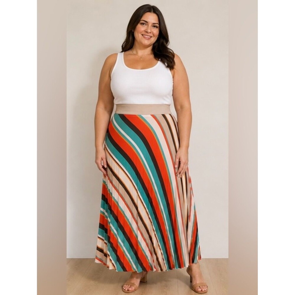 ONS Line Style Pleated BOHO Striped Maxi Skirt. Size 18